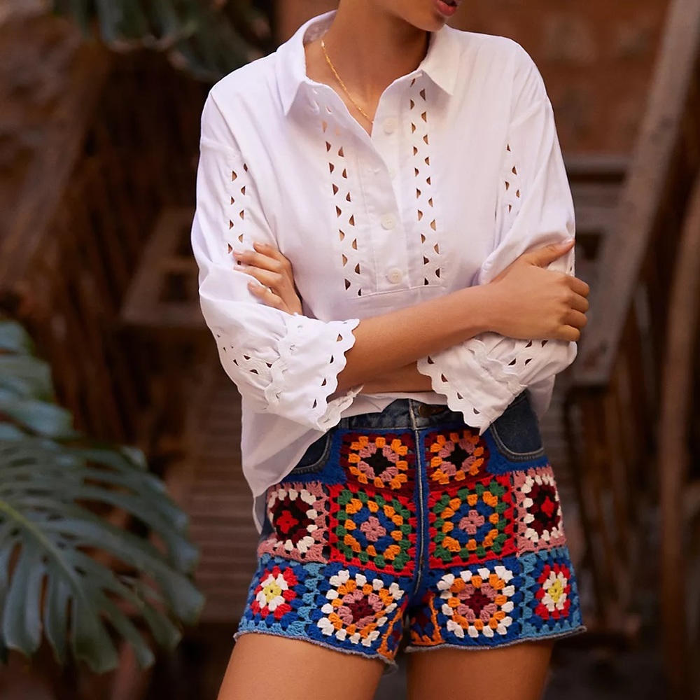 Farm Rio Ultra High-Rise Crochet Denim Shorts NWT Size 26